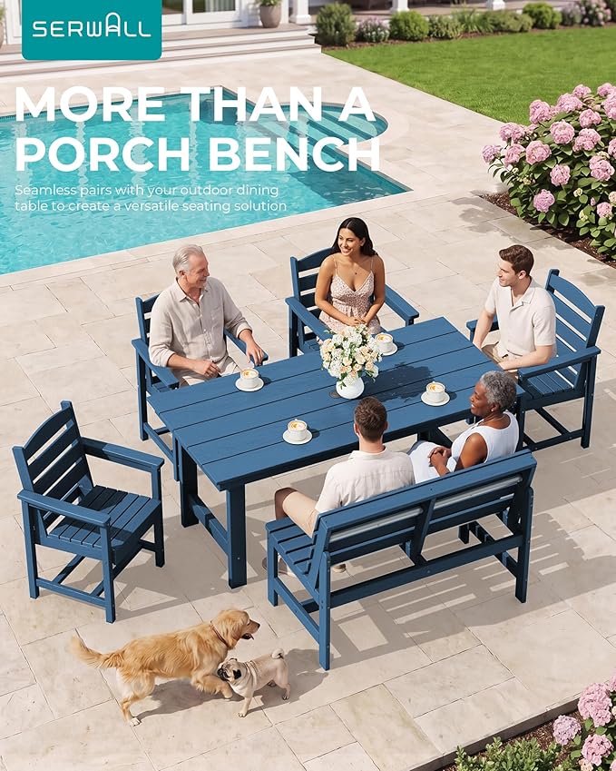 SERWALL Outdoor Bench, All Weather HDPE Outdoor Benches, 2-Person Armless Porch Bench with 600 lbs Weight Capacity, Patio Benches for Outdoors, Porch, Park and Dining, Navy
