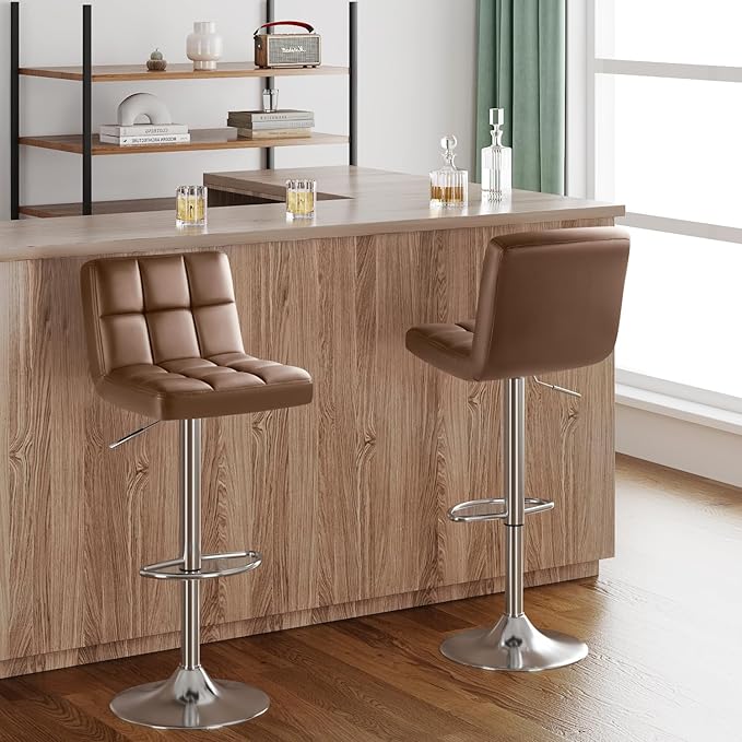 Furmax Bar Stools Modern Pu Leather Swivel Adjustable Hydraulic Bar Stool Square Counter Height Stool Set of 2 (Brown)