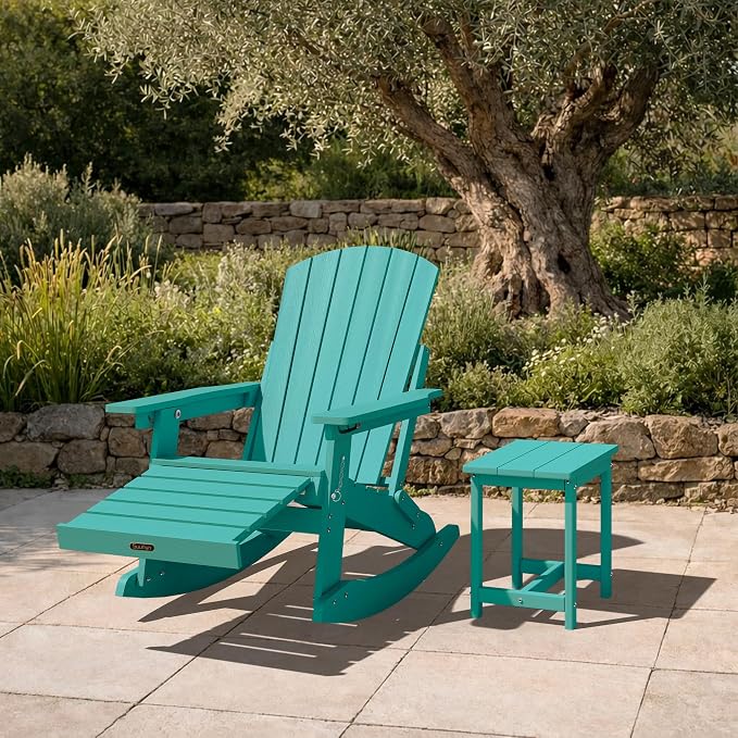 Adjustable Adirondack Rocking Chair Set of 2 with Retractable Ottoman Footrest, 4-in-1 Foldable HDPE Outdoor Rocker, Weather Resistant Adirondack Chair for Porch, Garden & Poolside, Lake Blue