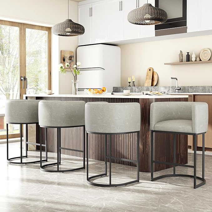 26" H Counter Height Bar Stools Set of 1, Modern Barrel Counter Stools with Backrest and Arms, Faux Leather Upholstered Accent Barstools for Kitchen Island,Support 450 LBS (Grayish White)