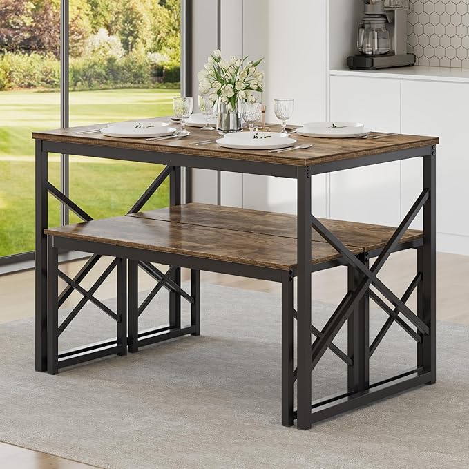 VECELO 55” Kitchen Dining Table Set for 4, Heavy-Duty Steel Frame & Wood-Grain Tabletop, Space-Saving Dinette Sets with 2 Benches for Breakfast Nook and Small Space, Grey