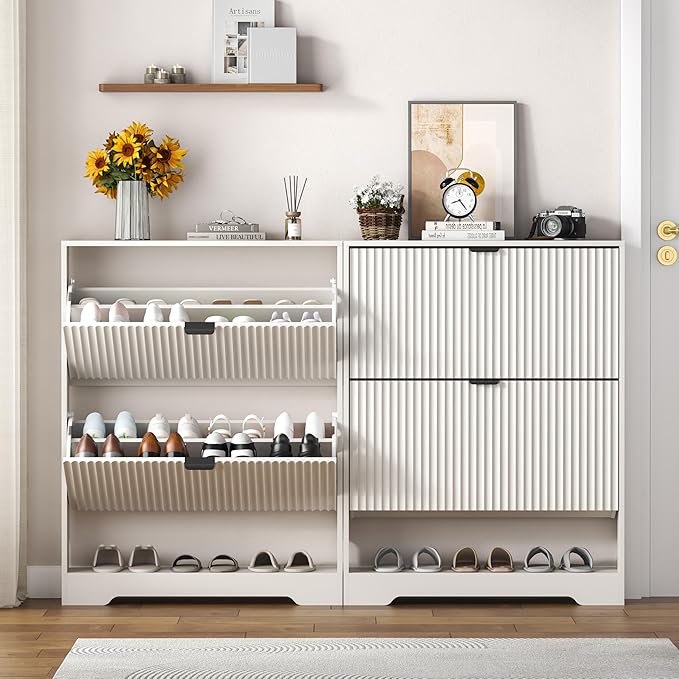HUANLEGO Shoe Cabinet Storage for Entryway with 2 Flip Drawers, White Fluted Shoe Cabinet with Open Storage, Wooden Hidden Shoe Rack Freestanding Narrow Slim Shoes Organizer for Hallway, Entrance