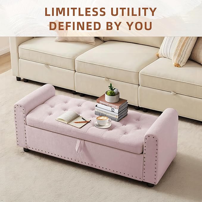 48" Ottoman with Storage, Tufted Storage Ottoman Bench, Convenient Living Room Fabrics Bench Seat, Entryway Shoe Benches with Inner Zipper & Arm, Upholstered Window Seat Ottomans with Rivets,Pink