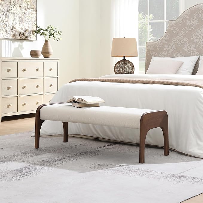 GDFStudio 50.25" Upholstered Long Bench, Modern Chenille Dining Bench with Solid Wood Legs, Padded Entryway Bench Seat for Bedroom End of Bed Kitchen Hallway Living Room, Beige