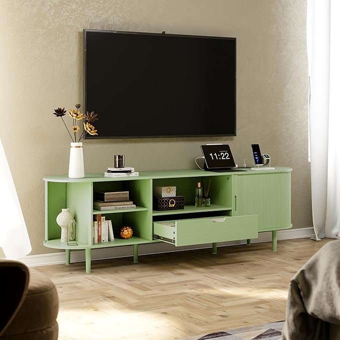DHH 71" Fluted TV Stand with Power Outlet for TVs up to 80", TV Console with Adjustable Shelves and Sliding Door,Mid Century Modern Entertainment Center for Living Room,Bedroom (Green, 71Inch)