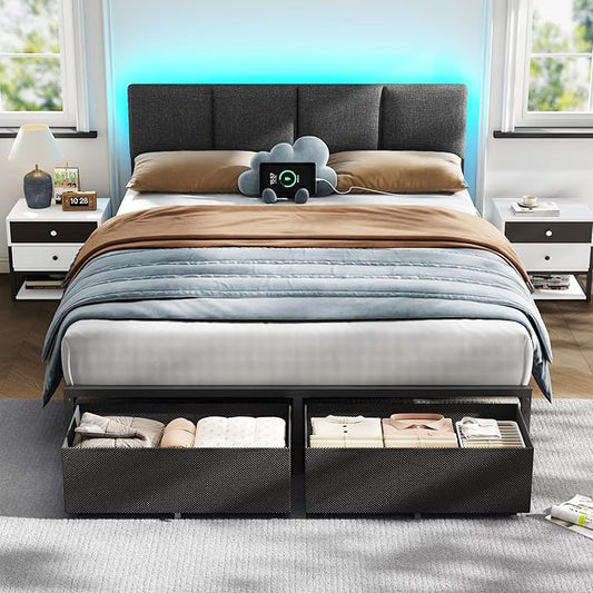Furnulem Queen Bed Frame with Adjustable Headboard, Upholstered Bed with 2 Storage Drawers, Built-in USB Charging Station & LED Lights, Platform Bedframe with Metal Slats, No Spring Box Needed, Grey