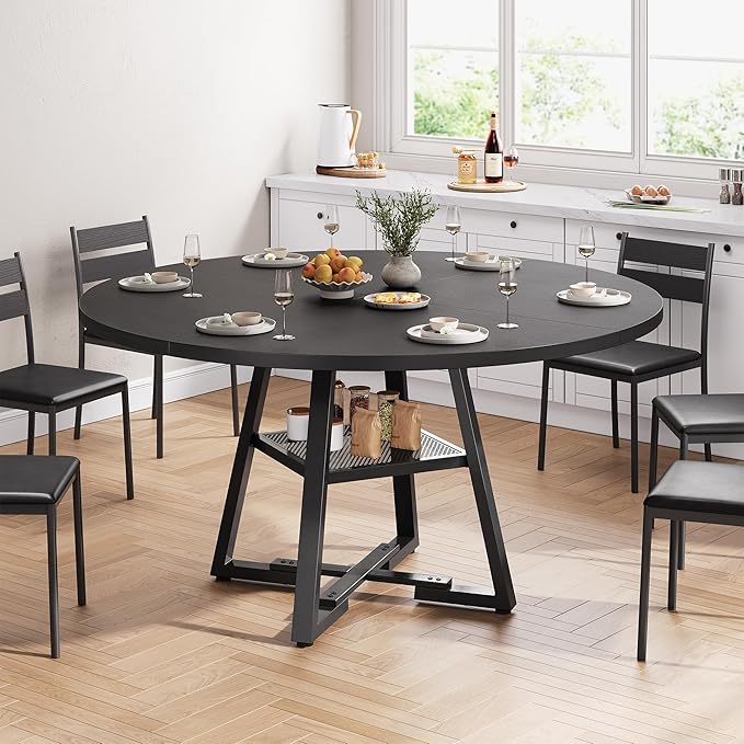 Jocoevol 51'' Round Dining Table,Kitchen Dining Room Circle Dinner Pedestal Table,Space Saving Wood Kitchen & Dining Room Furniture (Black, 51In)