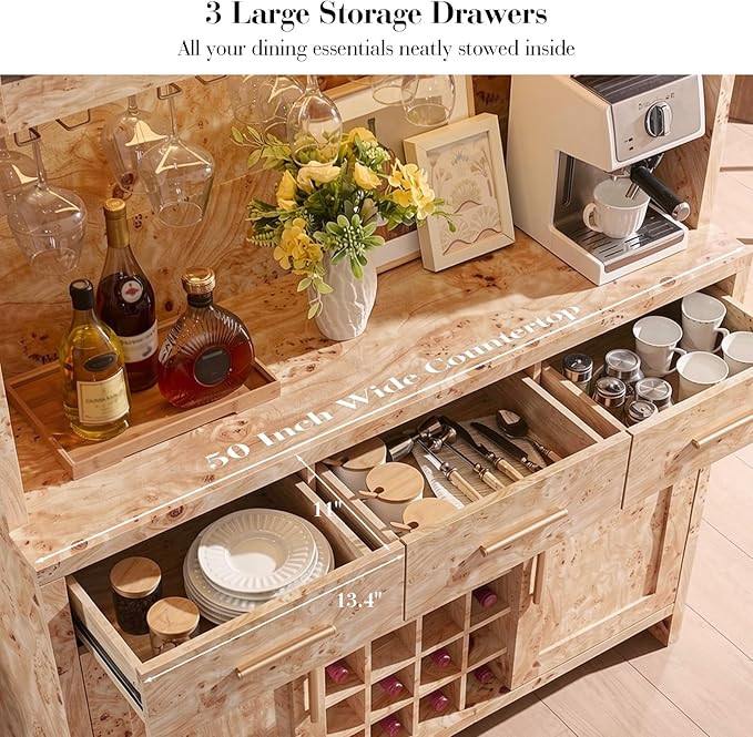 77" Tall Wine Bar Cabinet with Storage Hutch and 3 Drawers, Coffee Bar Cabinet with LED Lights and 24 Bottle Wine Rack for Home Dining Room Kitchen, Light Burl