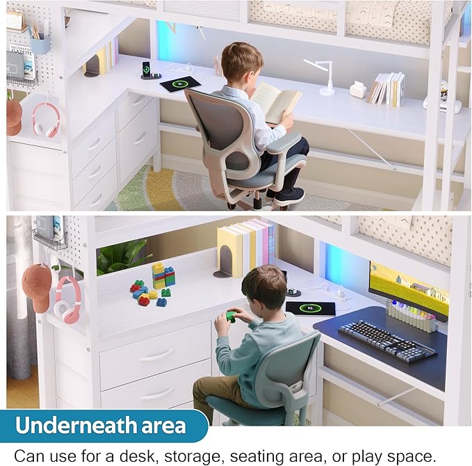 busyaeh Loft Bed with Desk,Twin Loft Bed with Desk & LED Lights and Charging Station,Bunk Bed with Desk & 5 Large Drawer Cabinets and 2 Open Shelves,Loft Bed Twin Size with Safety Guard Ladder,White