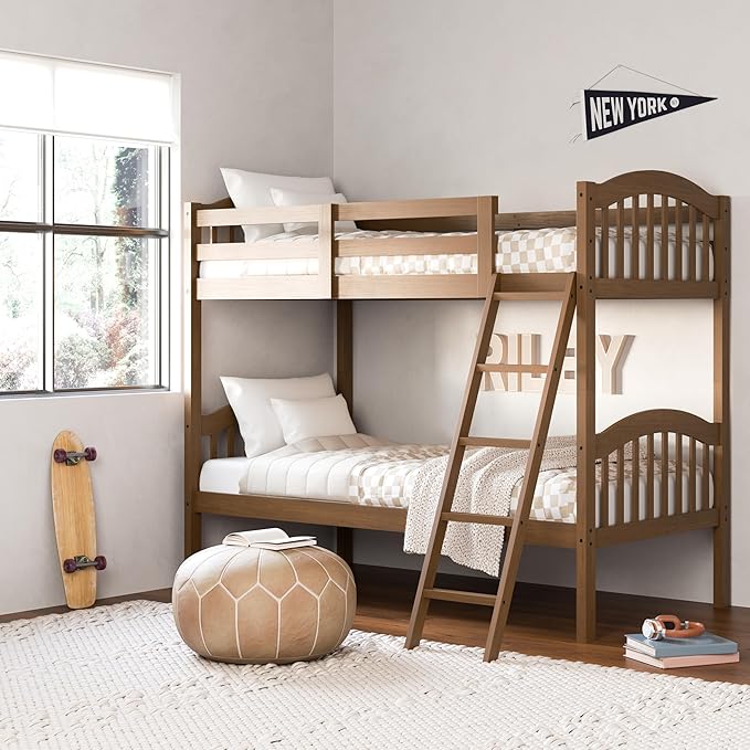 Storkcraft Long Horn Twin-Over-Twin Bunk Bed (Hazelnut) - GREENGUARD Gold Certified, Converts to Two Twin Beds, Wood Bunk Bed for Kids Bedroom