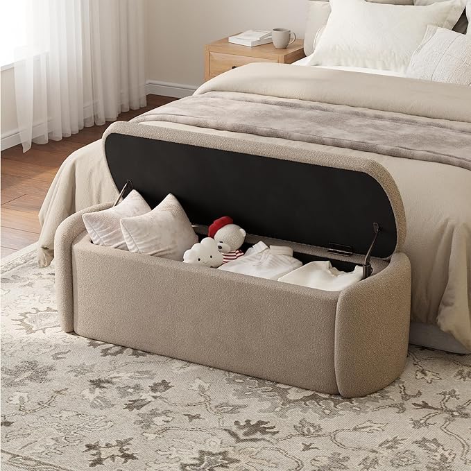 VKNOW 51" Storage Ottoman Bench, Upholstered End of Bed Bench with Smooth Hinges, Oval Large Ottoman Bench for Bedroom, Living Room and Hallway Entryway, Brown