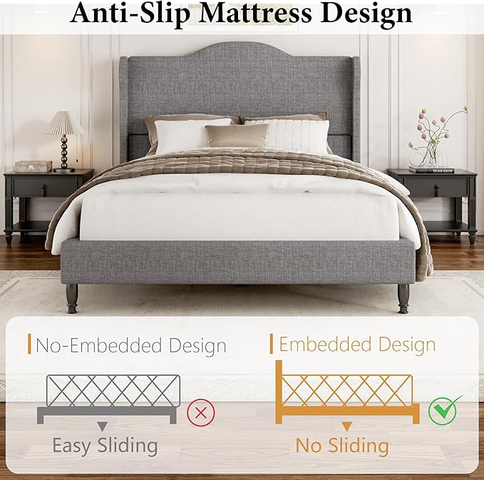 Full Size Bed Frame Upholstered Platform Bed with Tall Arched Wingback Headboard, Sturdy Wooden Slat Support, Easy Assembly No Box Spring Required, Soft Fabric Bed for Bedroom, Light Grey