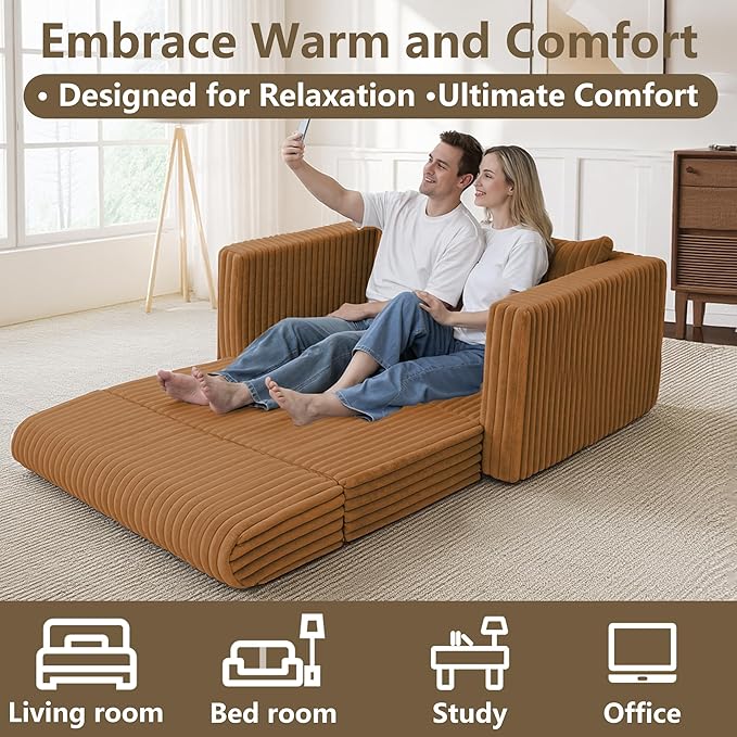 HABUTWAY 49.8" Loveseat Boneless Couch, 4-in-1 Convertible Sofa Bed, Plush Fur Folding Futon Sofa Bed Couches with a Pillow for Living Room, High-Density Foam Support, No Assembly Required, Orange