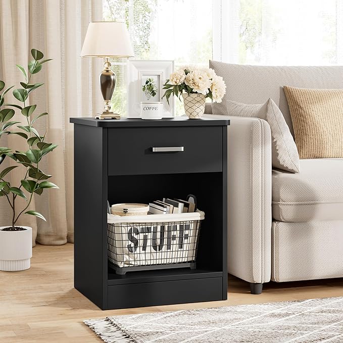 FOTOSOK Nightstand Set of 2, 2-Tier Side Table with Drawer and Storage Shelf, Bedside Table End Table, Modern Night Stand for Bedroom, Home Office,Black