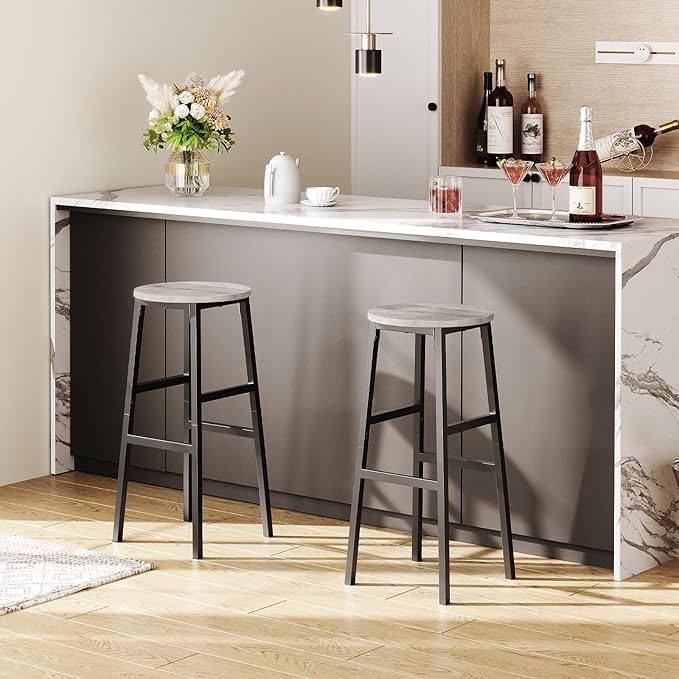 MAHANCRIS Bar Stools, Set of 2 Round Bar Chairs with Footrest, 28 Inch Kitchen Breakfast Bar Stools, Industrial Stools, Easy Assembly, for Dining Room, Kitchen, Greige BAHG02701 (Pack of 3)