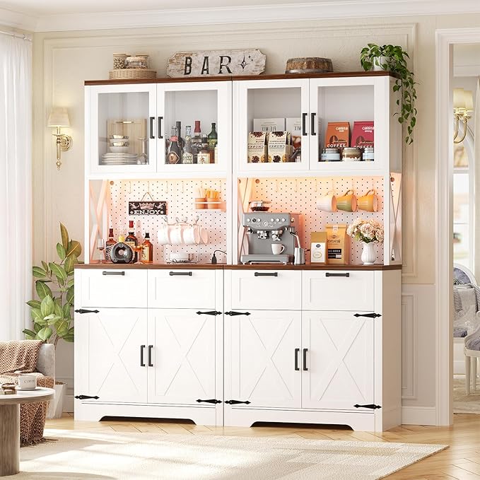 Unikito 71" Pantry Cabinet with LED Light & Outlet, Tall Kitchen Pantry Storage Cabinet with Microwave Stand, DIY Pegboard, Drawers and Adjustable Shelf, Farmhouse Kitchen Hutch for Dining Room