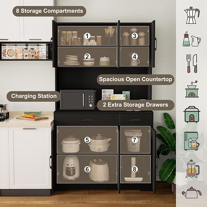 71" Kitchen Pantry Cabinet with Charging Station, Pantry Storage Cabinet Large Kitchen Hutch with Microwave Stand, Coffee Bar Station with Doors and Adjustable Shelves for Kitchen, All Black