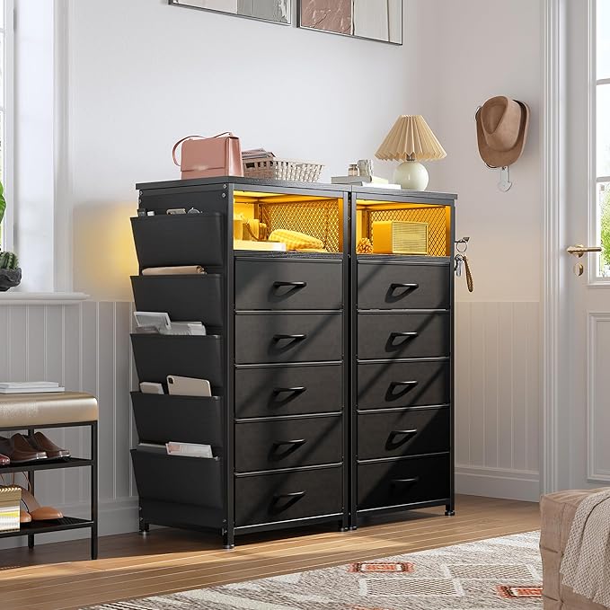 EnHomee Nightstands Set of 2 with 5 Drawers, Black Dresser with Charging Station and LED Light, Tall Nightstand with Extra Side Bag & Hooks, Bedroom, Closet, Hallway, Entryway, Black