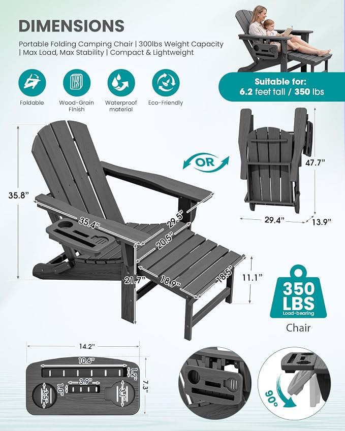 SERWALL Folding Adjustable Adirondack Chairs with Footrest Set of 2, HDPE Outdoor Chair with 4-in-1 Cup Holders, All Weather Adirondack Chair with Ottoman, Gray