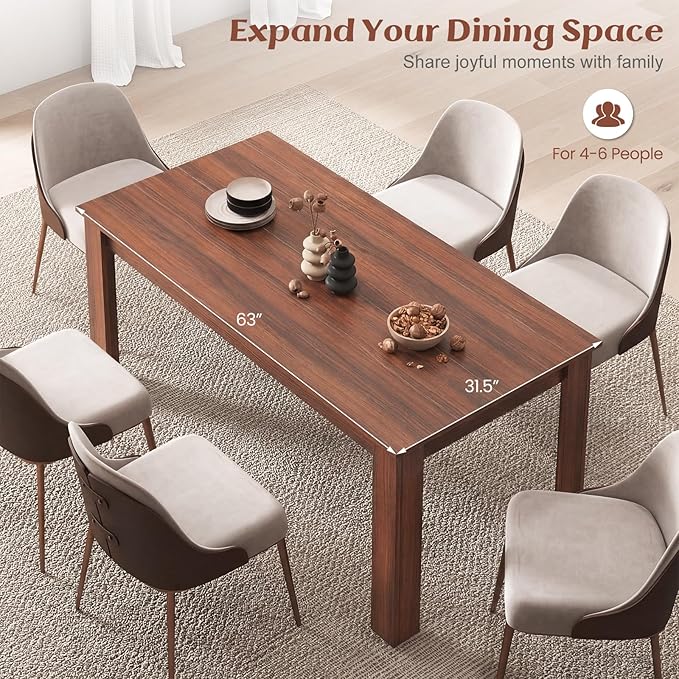 Giantex Dining Table for 4-6, 63" L Large Farmhouse Kitchen Table, Wooden Rectangular Dinner Table for Living Dining Room, Home Office, Dinette, 330LBS Capacity, Walnut