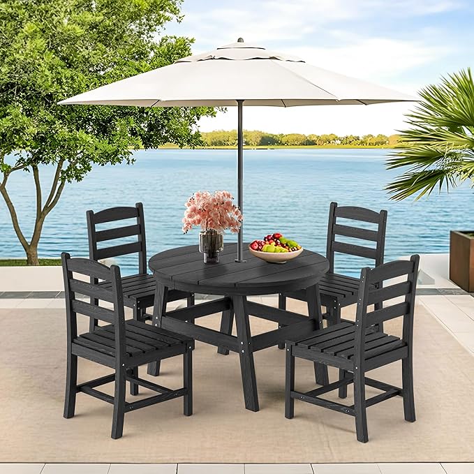 Pamapic 5 PCS Round Outdoor Dining Set, Wood Grain HDPE Outdoor Table and Chairs with 105° Ergonomic Backrest, Durable Patio Dining Table with Umbrella Hole, Black