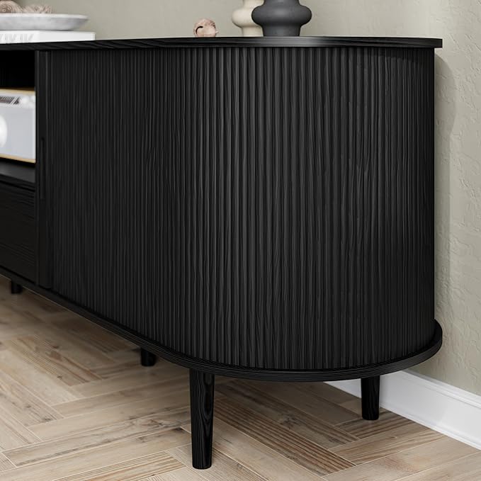DHH 71" Fluted TV Stand with Power Outlet for TVs up to 80", TV Console with Adjustable Shelves and Sliding Door,Mid Century Modern Entertainment Center for Living Room,Bedroom (Black, 71Inch)