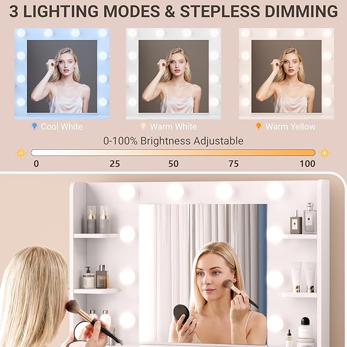 Vanity Desk with Mirror and Lights, Fluted Makeup Vanity with 8 Drawers, Storage Shelves, RGB Light and Power Outlet, Bedroom Dessing Table for Women, Girls, White,56.7"
