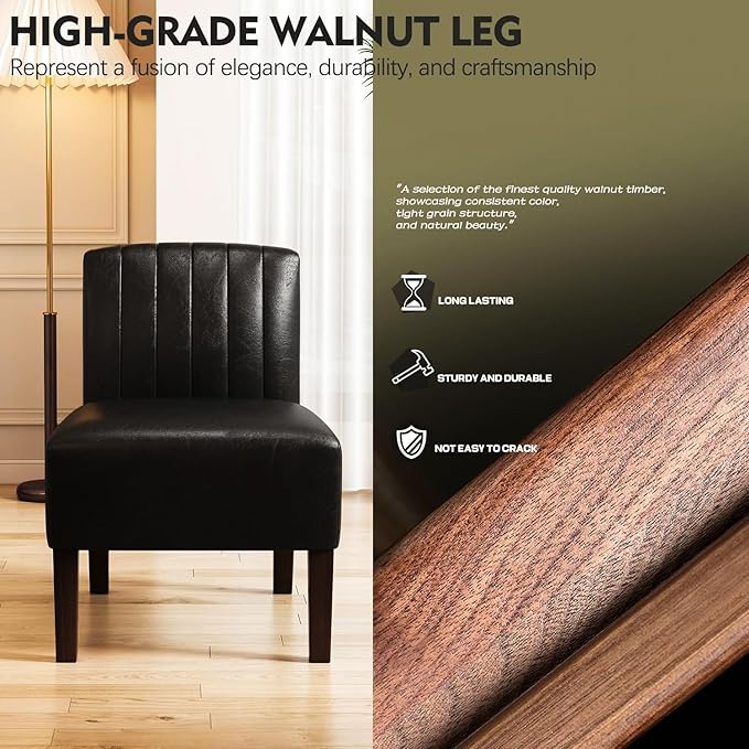 VIRRMO Armless Accent Chairs Set of 2 Upholstered Dining Chairs Living Room Chairs with Solid Wood Legs Bedroom Chair Leather Reading Chair Comfy Chair for Bedroom Vanity Kitchen (Black)