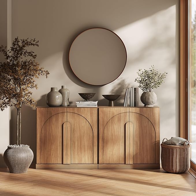 BELLEZE Set of 2 Modern Buffet Cabinets (63" Wide)-Large Sideboard Credenza with Arched Doors-Seamless Hidden Storage Console for Dining Room & Living Area-Camel