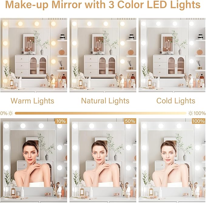 KAMABOKO Vanity Desk with Mirror, LED Lights and Power Outlet, Makeup Vanity Table with Cabinet and 4 Drawers, Dressing Table with Stools for Bedroom (White)
