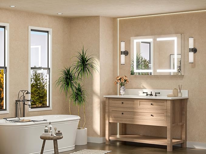 TETOTE LED Lighted Bathroom Medicine Cabinet Mirror with Lights 36 x 24 Recessed or Wall Mounted Cabinet with 2 Door, Tempered Glass, Outlets & USB, 3-Color Stepless Dimming, Defog, Adjustable Shelf