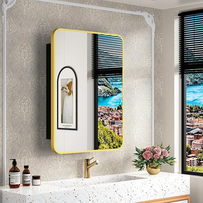 ACEMIRO 20x28 Inch Gold Recessed Medicine Cabinet with Mirror Metal Framed Surface Wall Mounted Bathroom Medicine Cabinet Mirror with Storage