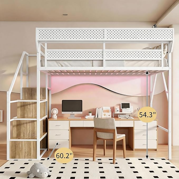 Queen Size Metal Loft Bed with LED Lights and USB Charging Port, Storage Shelf, Reversible Storage Stairs with Wardrobe, Heavy Duty Noise-Free Design, Large Under Bed, No Box Spring Needed