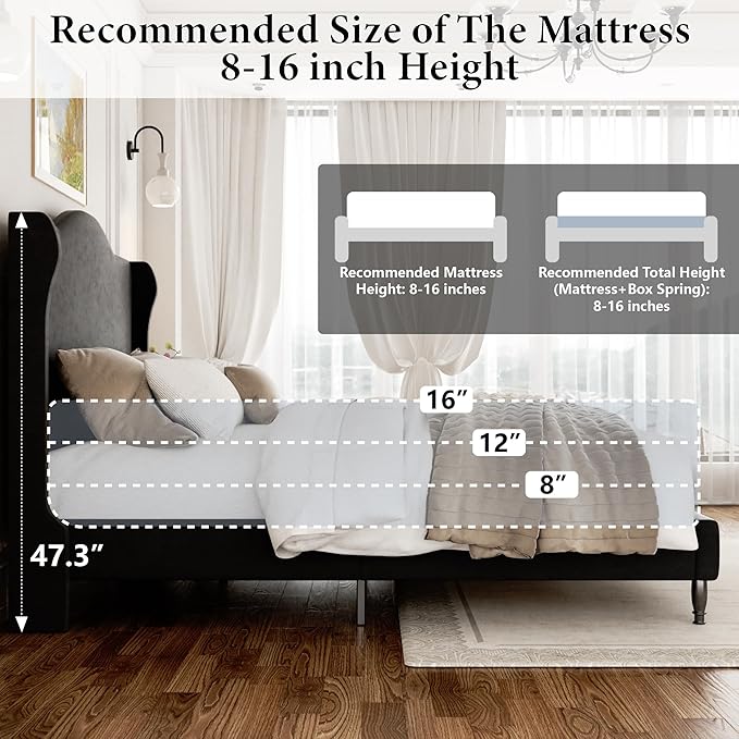 King Size Bed Frame with Wingback Headboard, Upholstered Velvet Platform Bed Frame Easy Assembly, Heavy Duty Wooden Slats Support, Noise-Free, No Box Spring Needed, Minimalist Style, Black