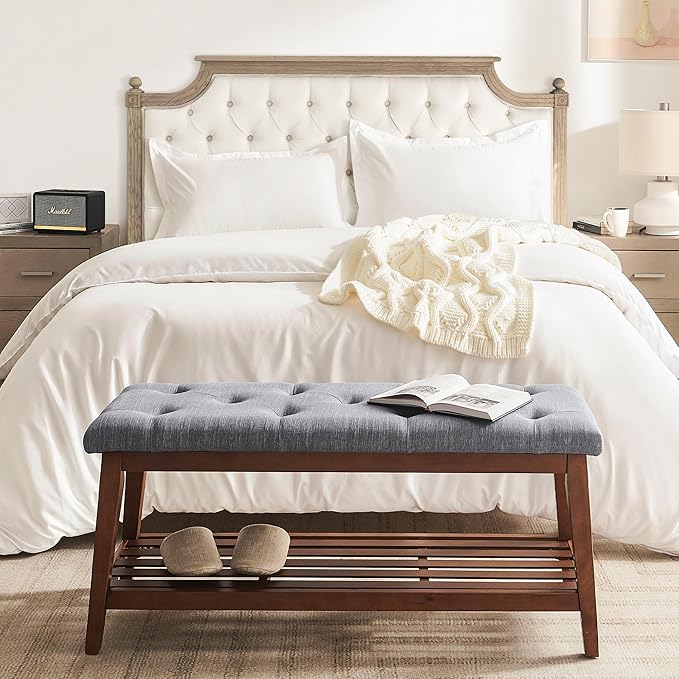 kinmars Upholstered Bench for Bedroom End of Bed,42.5-inch Entryway Bench for Living Room,Dining Bench with Padded Seat and Solid Wood Leg for Kitchen Bedroom,Indoor and Hallway (Shoe Bench, Grey)