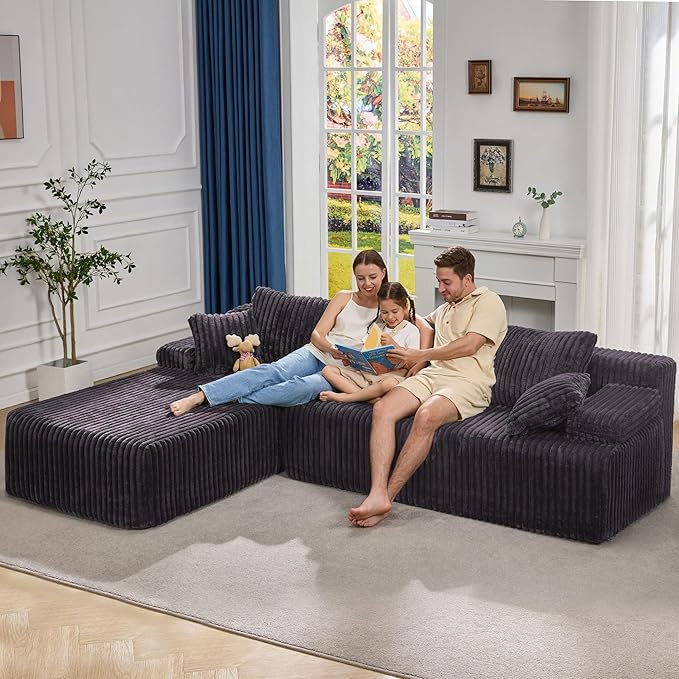 Hobestluk Modular Sectional Sofa Boneless Couch L-Shape Couch 3 Seat Modular Couch Memory Foam Sectional Couches for Living Room Furniture, Cloud Couch with Oversized Chaise (108" Left Facing Chaise)