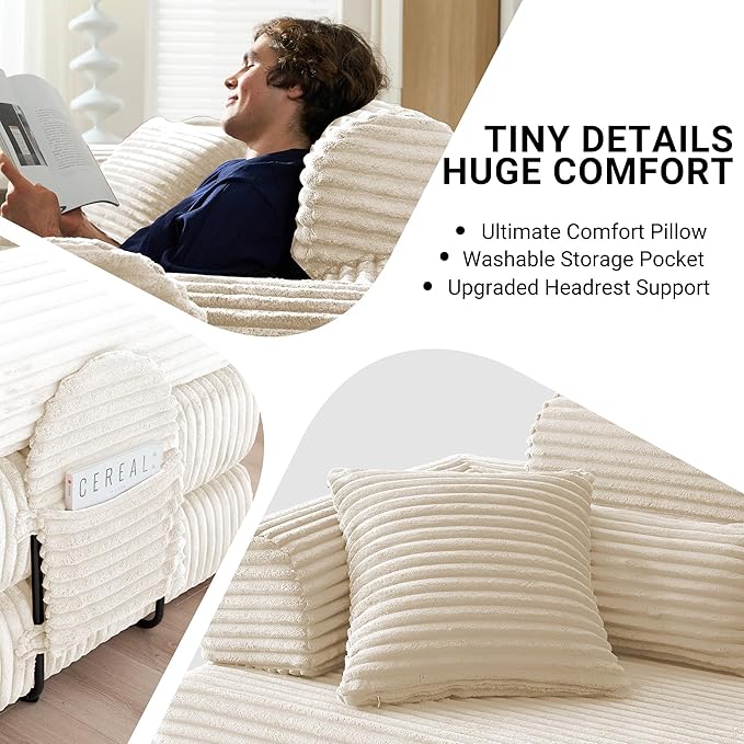 78.8" Convertible Sofa Bed with High Backrest Headrest, 5-in-1 Corduroy Boneless Couch with Side Pocket, Sleeper Loveseat Couch Bed Sectional Couches for Living Room, No Assembly, White