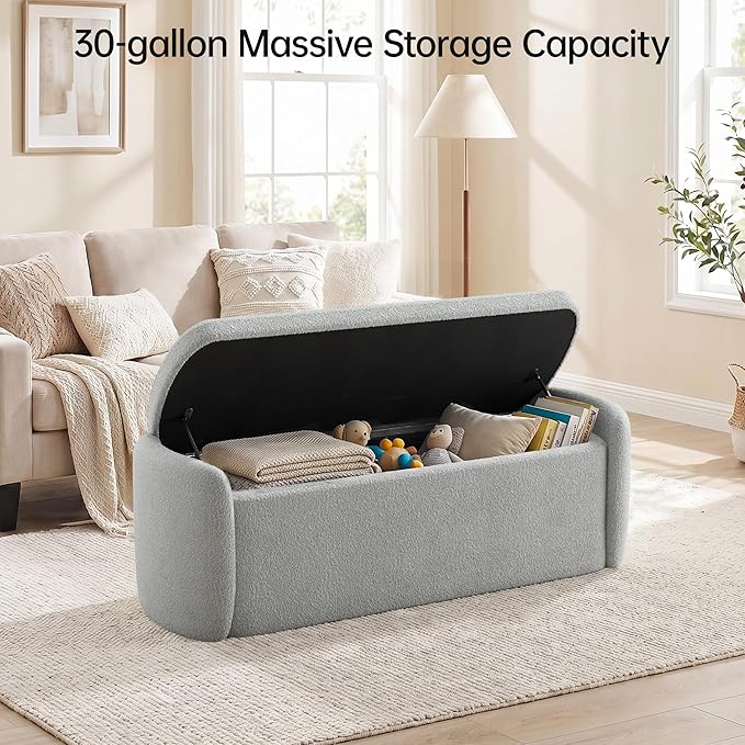 VKNOW 51" Storage Ottoman Bench, Upholstered End of Bed Bench with Smooth Hinges, Oval Large Ottoman Bench for Bedroom, Living Room and Hallway Entryway, Grey