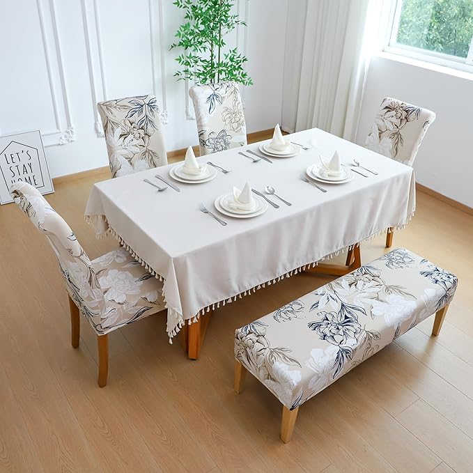 FORCHEER 4 Chair and Bench Covers for Dining Chairs Waterproof Floral Dining Room 4 Piece Kitchen Chair Slipcovers with Bench Seat Cover Set Washable (Waterproof Elegent-Flowers)