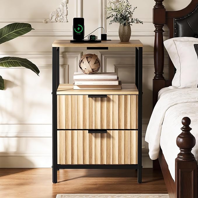 VINGLI Nightstands Set of 2 with Fabric Drawers, Fluted Nightstand with Charging Station, Oak Night Stand Set 2, Bed Side Tables with Drawers Fabric, End Tales Bedroom with Charger Station