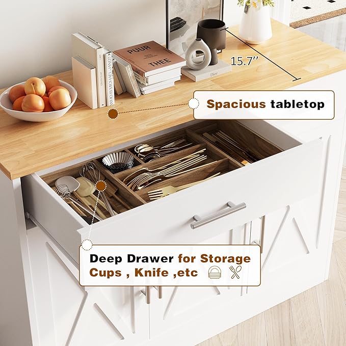 Vongrasig Coffee Bar Cabinet, Farmhouse Sideboard Buffet Cabinet with Storage, Coffee Bar with Drawers and Shelves, Wood Buffet Table for Kitchen, Dining Room, White