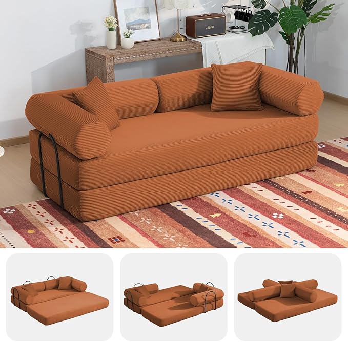 79" Boneless Couches for Living Room, Corduroy Sofa Bed with 2 Pillows,Side Pockets,Hex Arm, 5-in-1 Loveseat Sleeper Sofa for Small Spaces, High-Density Foam Couch, No Assembly, Orange