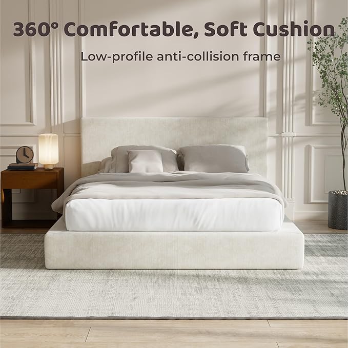 RECCI AirFrame California King Bed Frame with Headboard, Cloud Upholstered Platform Bed Frame, 5 Inch Foam Cushioned, No Box Spring, Easy Assembly(Beige Chenille)