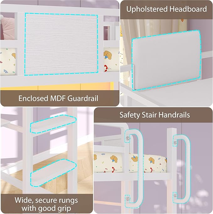 Dnxao Loft Bed Twin Size with L-Shaped Desk, Heavy-Duty Metal Twin Loft Bed with 5 Storage Drawers, LED Lights & Charging Station, Reinforced Stable Structure for Small Room Dorm Apartment, White