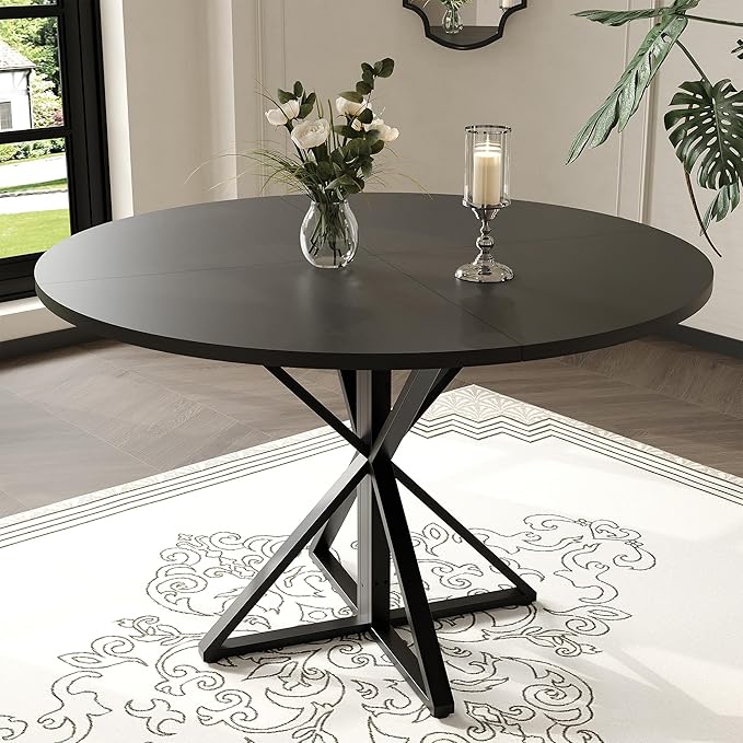 GarveeHome 47 Inch Round Dining Table for 4-6, Circle Kitchen Table with Pedestal Base, Farmhouse Wooden Dining Table for Small Spaces, Kitchen & Dining Room, Living Room-Black/Only Table