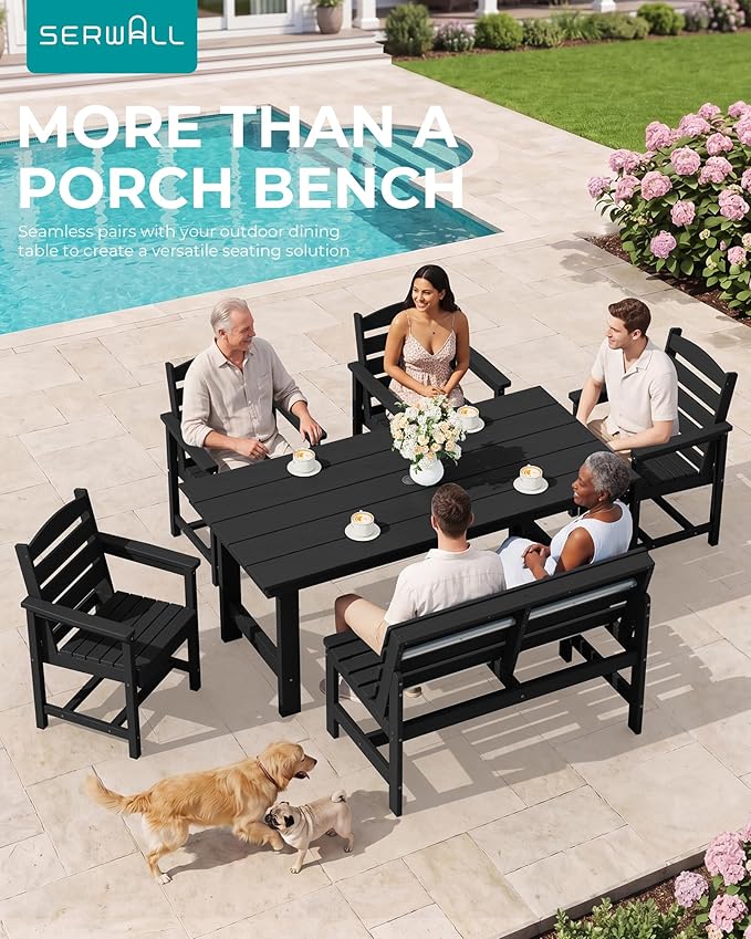 SERWALL Outdoor Bench, All Weather HDPE Outdoor Benches, 2-Person Armless Porch Bench with 600 lbs Weight Capacity, Patio Benches for Outdoors, Porch, Park and Dining, Black, 2 Pack