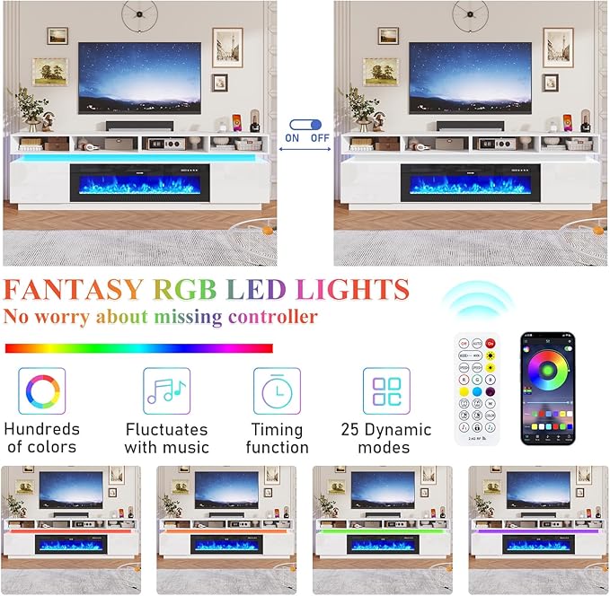 chartustriable Fireplace TV Stand for 100" TV, 93" LED Entertainment Center with 50" Fireplace & Power Outlets, High Gloss TV Stand, Gaming TV Media Console for Living Room, 93 Inch, White