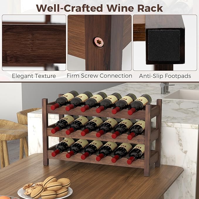 COSTWAY 3-Tier Bamboo Wine Rack, 18-Bottle Tabletop Wine Holder with Wave Slot, Freestanding Countertop Wine Bottle Organizer for Kitchen, Pantry, Pub & Wine Cellar, Brown (24.5L x 9.5W x 15H)