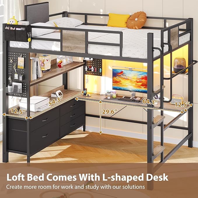 Dnxao Full Loft Bed with Desk and 5 Storage Drawers, Loft Bed Full Size with 1 Bedside Organizer,Removable Ladder, LED Lights and Charging Station,Clothes Rail,Safety Guard,Oak Gray