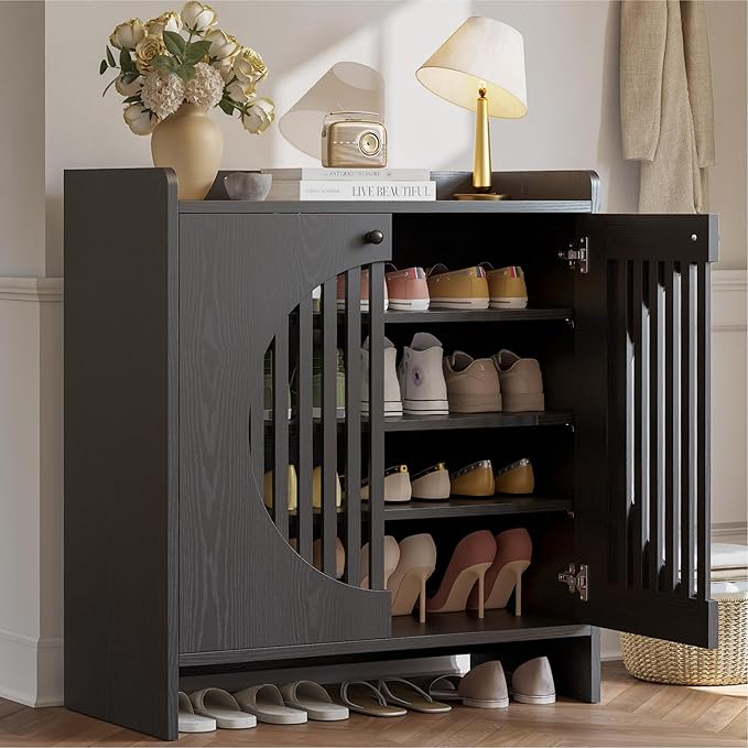 LIKIMIO Shoe Cabinet with Adjustable Shelves, 4-Tier Shoe Storage Cabinet with Slatted Doors, Freestanding Wooden Shoe Cabinet Storage for Entryway, Hallway, Living Room, Black